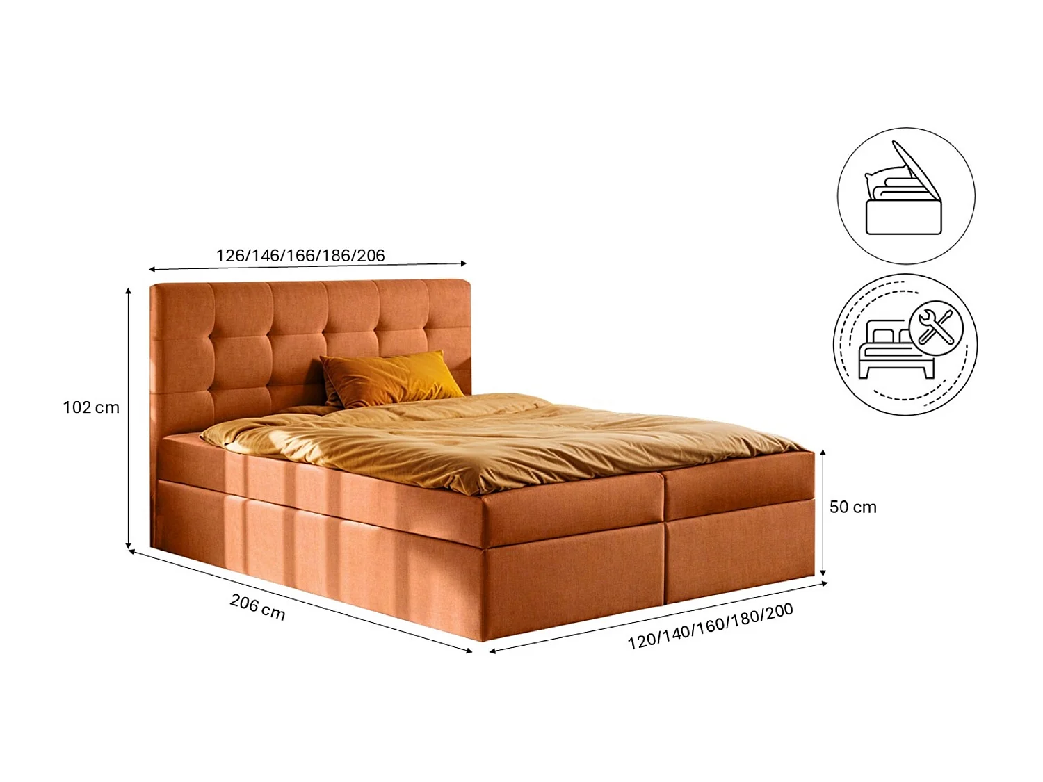 Lit à sommier tapissier avec matelas et sommier, tissu de lit LUDANO Noel Orange 180x200 cm H3-Bonell