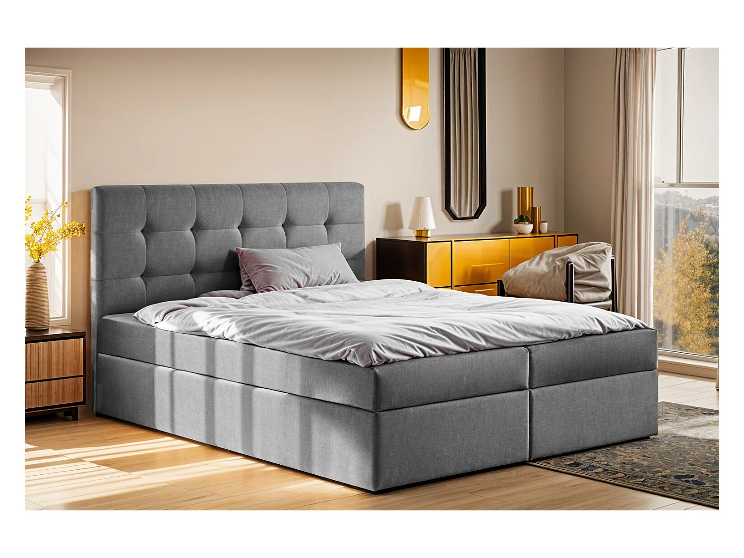 Letto box spring con materasso e contenitore, tessuto LUDANO Noel Grey 140x200 cm H2-Pocket