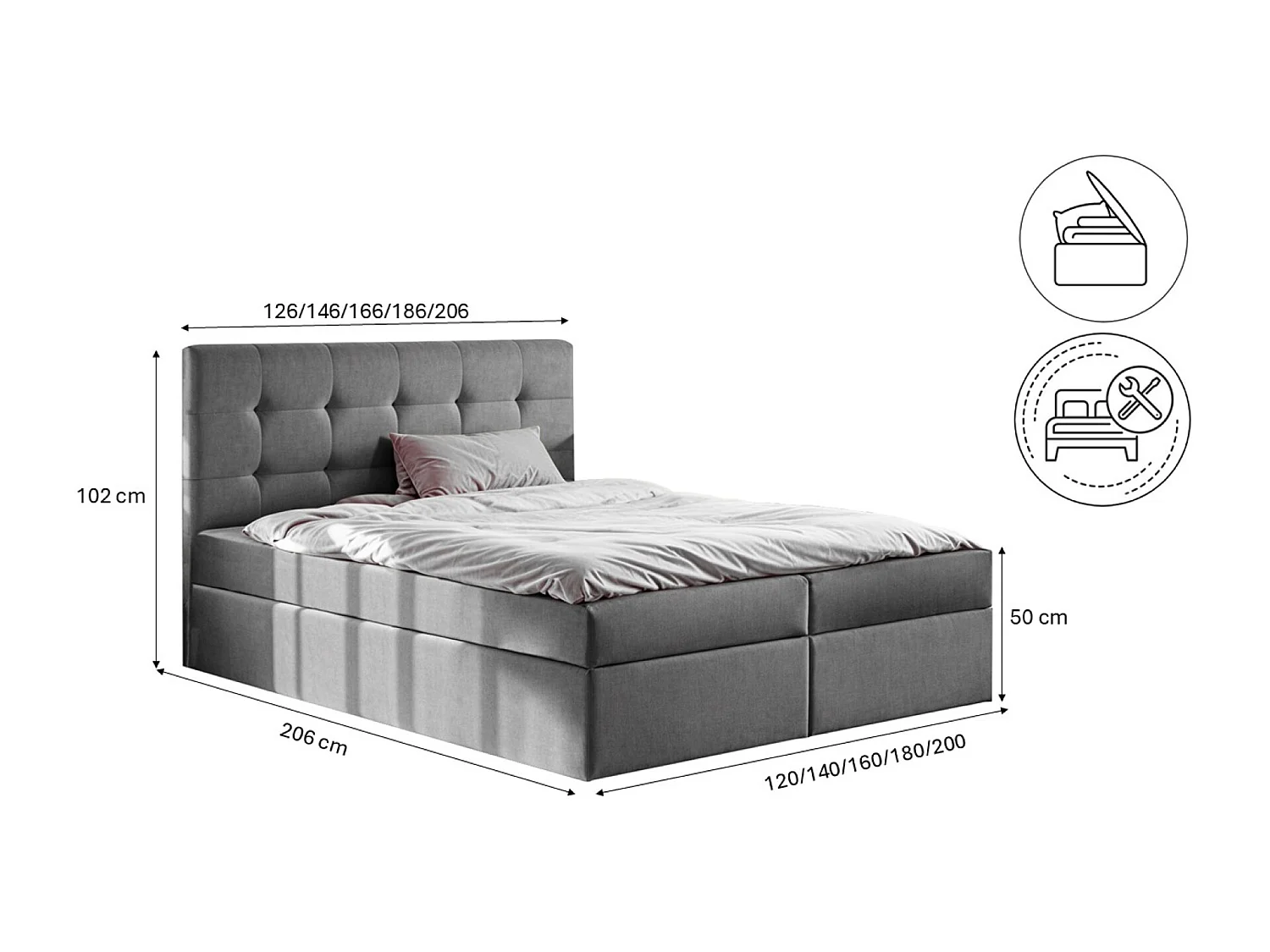 Lit à sommier tapissier avec matelas et sommier tapissier, tissu LUDANO Noel Grey 180x200 cm H3-Bonell