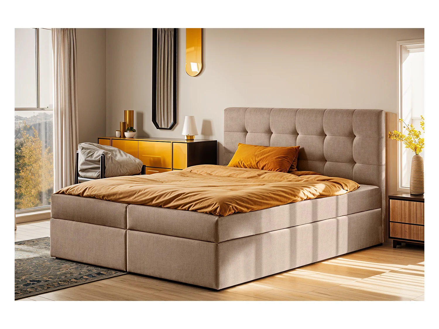 Letto a molle con materasso e contenitore, tessuto letto LUDANO Noel Beige 200x200 cm H3-Bonell