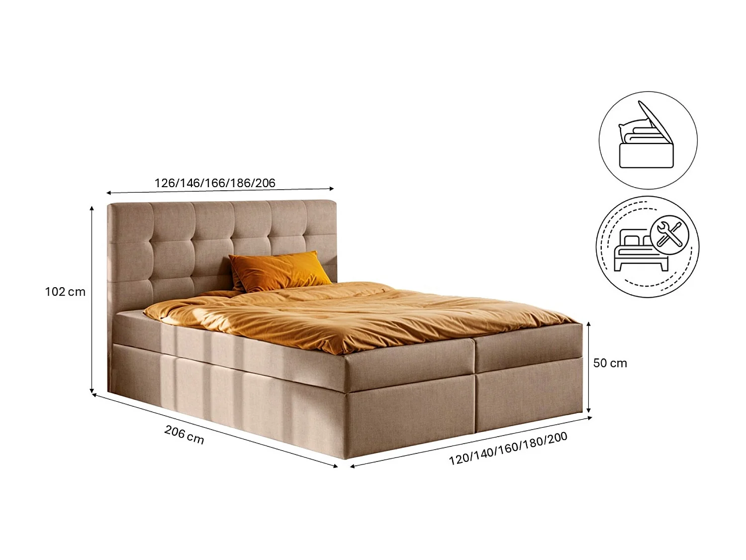 Lit à sommier tapissier avec matelas et sommier tapissier, tissu de lit LUDANO Noel Beige 200x200 cm H3-Bonell