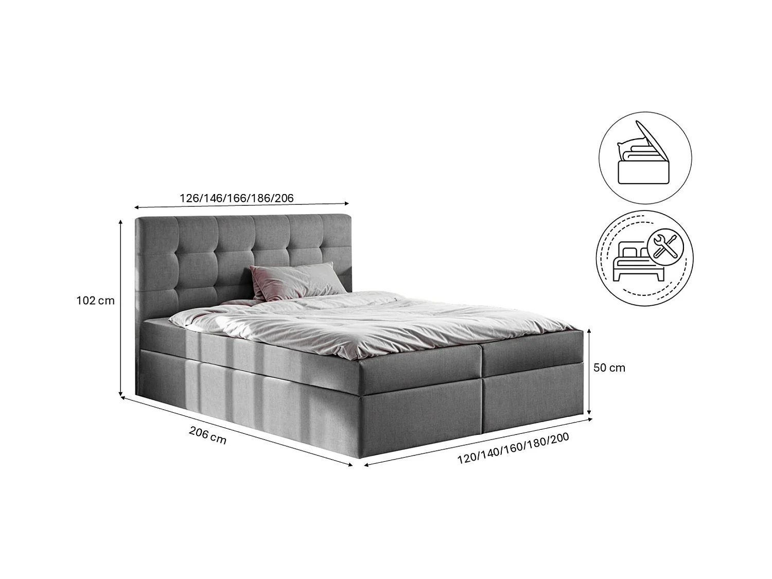 Lit à sommier tapissier avec matelas et sommier tapissier, tissu de lit LUDANO Noel Grey 120x200 cm H3-Bonell