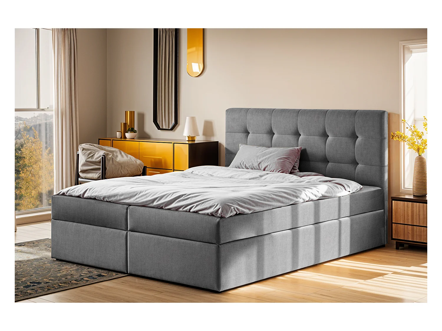 Letto a molle con materasso e contenitore, tessuto letto LUDANO Noel Grey 160x200 cm H3-Bonell