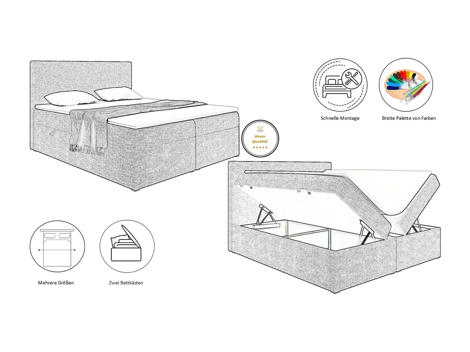 Lit boxspring avec matelas et sommier, tissu LUDANO Noel gris clair 160x200 cm H2-Pocket