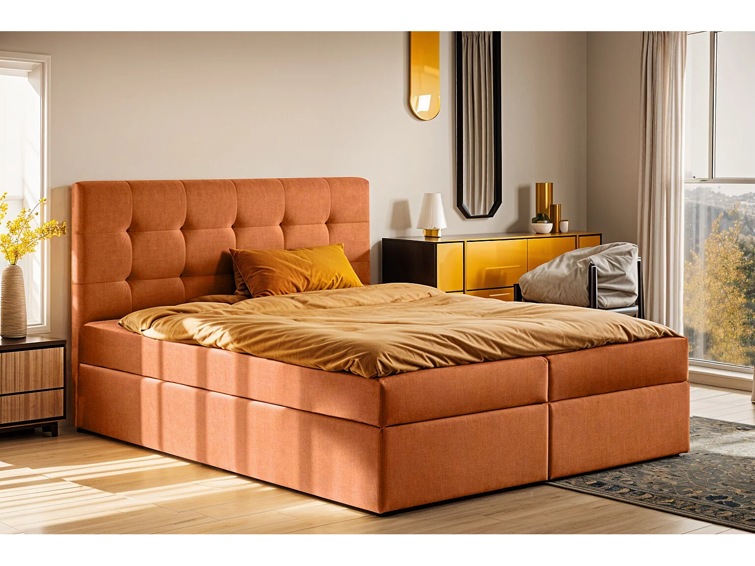 Lit à sommier tapissier avec matelas et sommier, tissu LUDANO Noel Orange 120x200 cm H2-Pocket