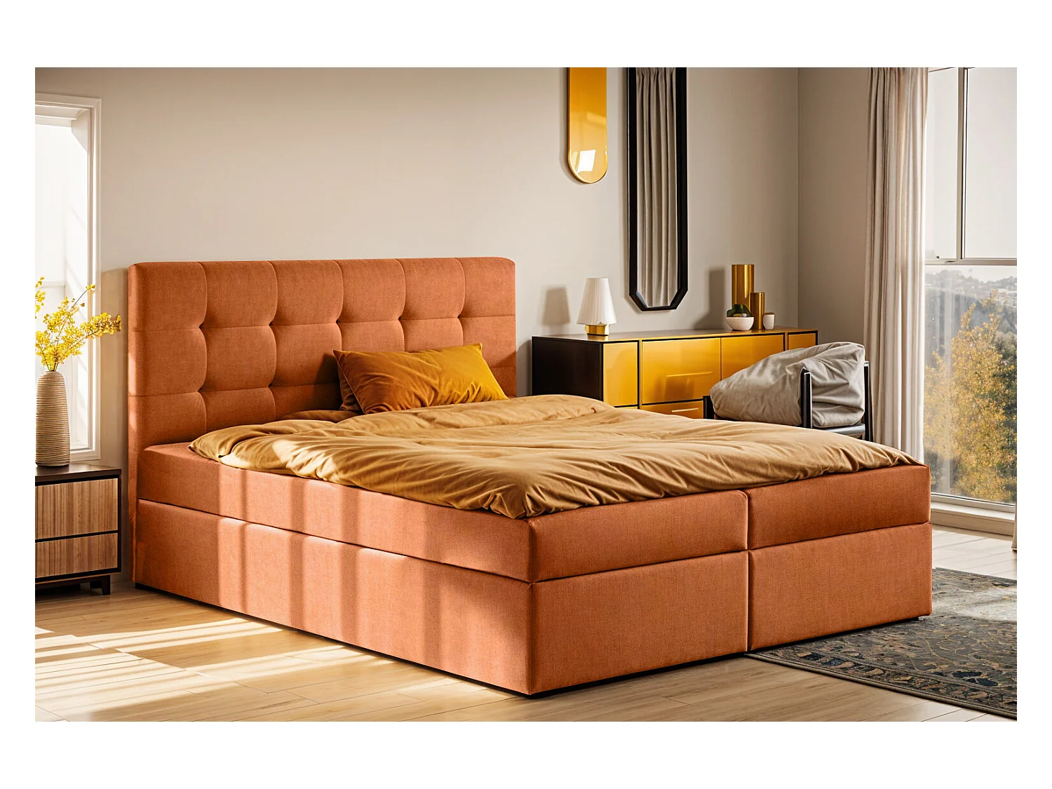 Letto box spring con materasso e contenitore, tessuto letto LUDANO Noel Orange 160x200 cm H2-Pocket