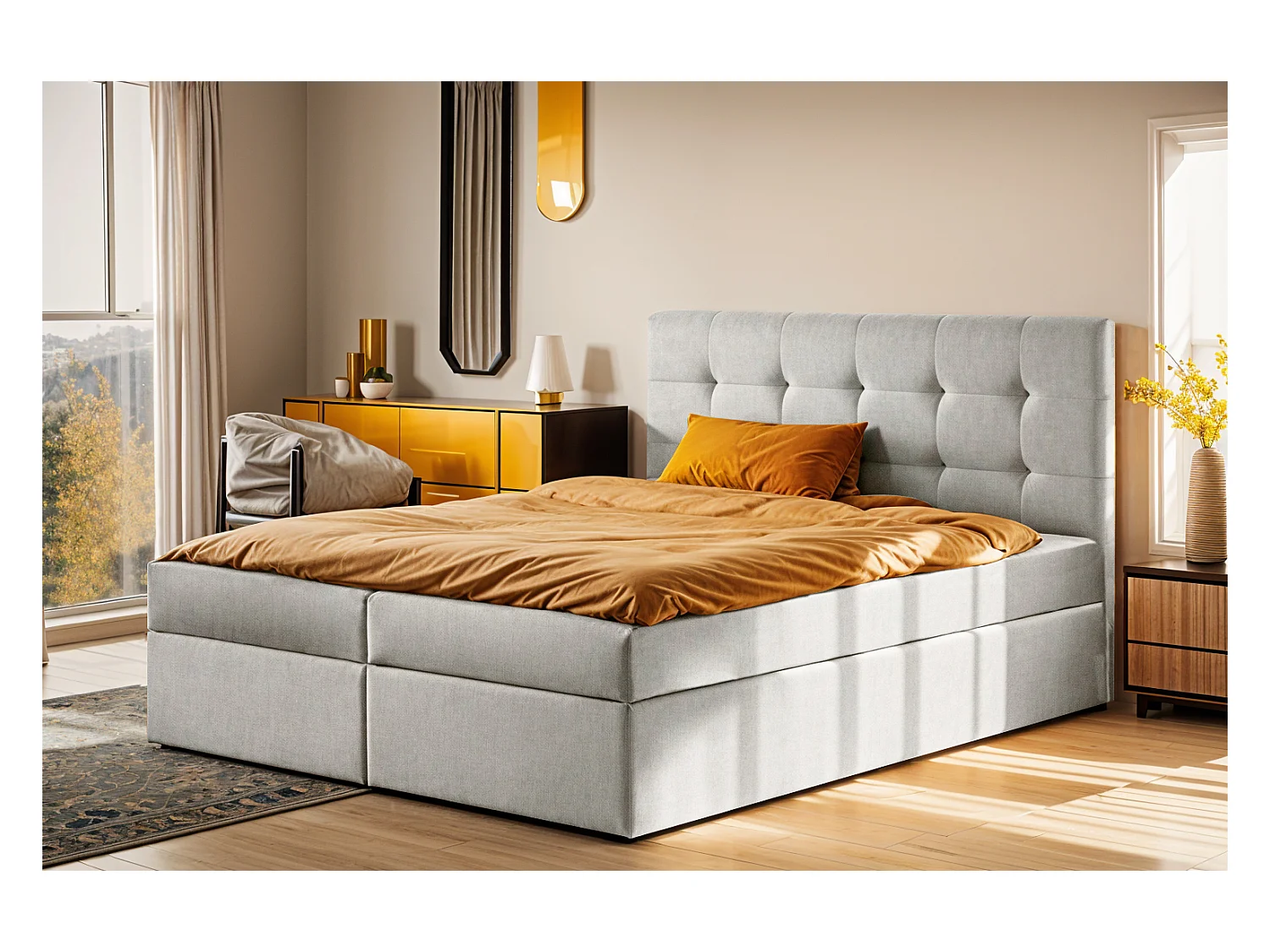 Letto box spring con materasso e contenitore, letto LUDANO tessuto Noel grigio chiaro 180x200 cm H3-Bonell