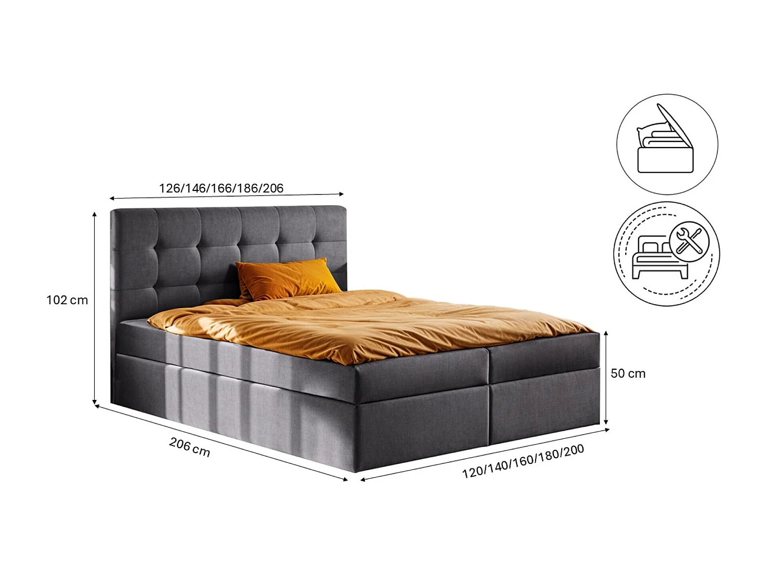 Lit boxspring avec matelas et sommier, tissu LUDANO Noel gris foncé 180x200 cm H2-Pocket