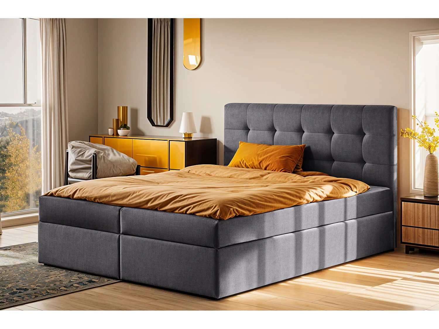 Lit à sommier tapissier avec matelas et sommier tapissier, tissu de lit LUDANO Noel gris foncé 140x200 cm H3-Bonell