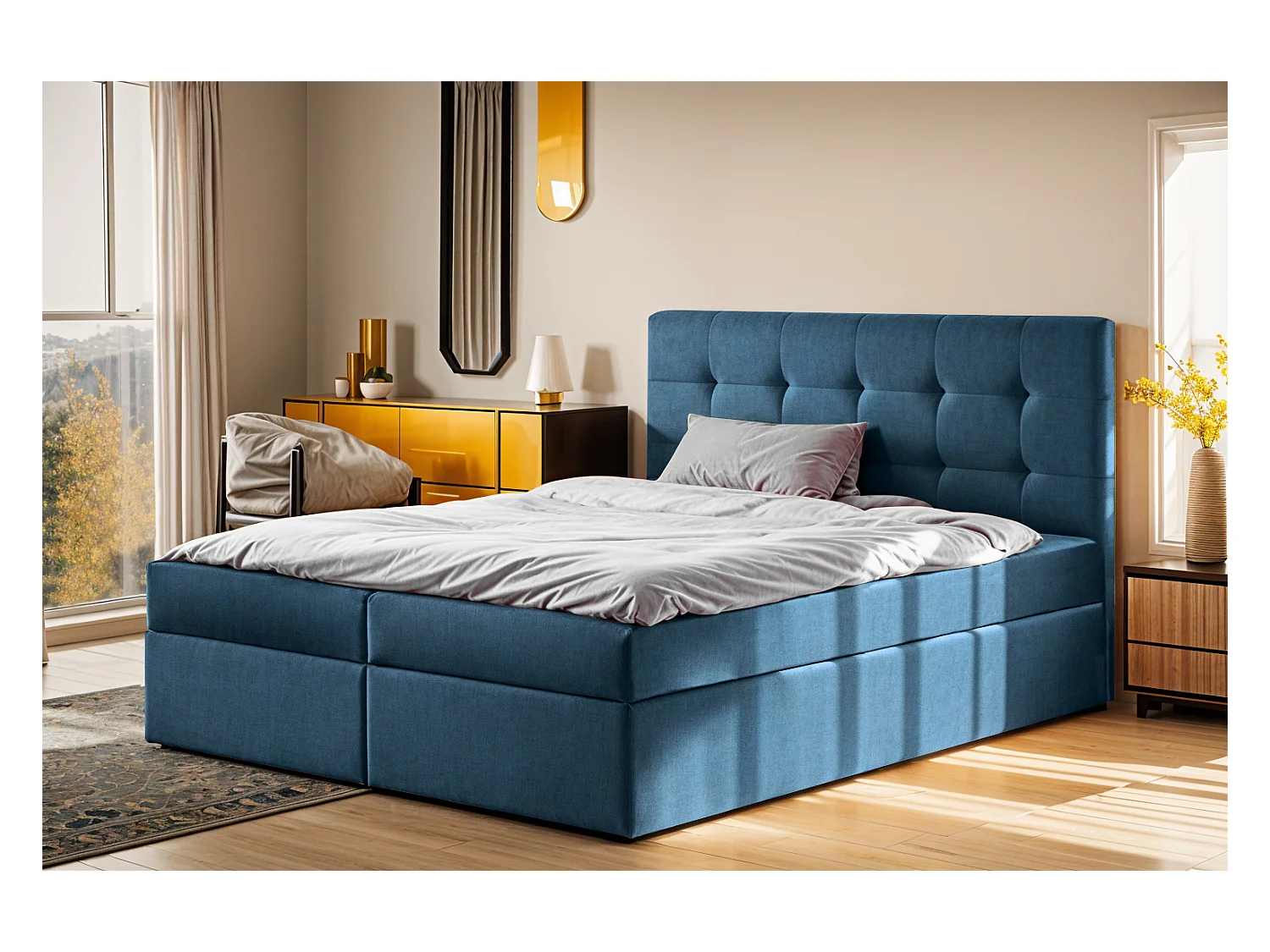 Lit à sommier tapissier avec matelas et sommier, tissu LUDANO Noel Blue 180x200 cm H2-Pocket