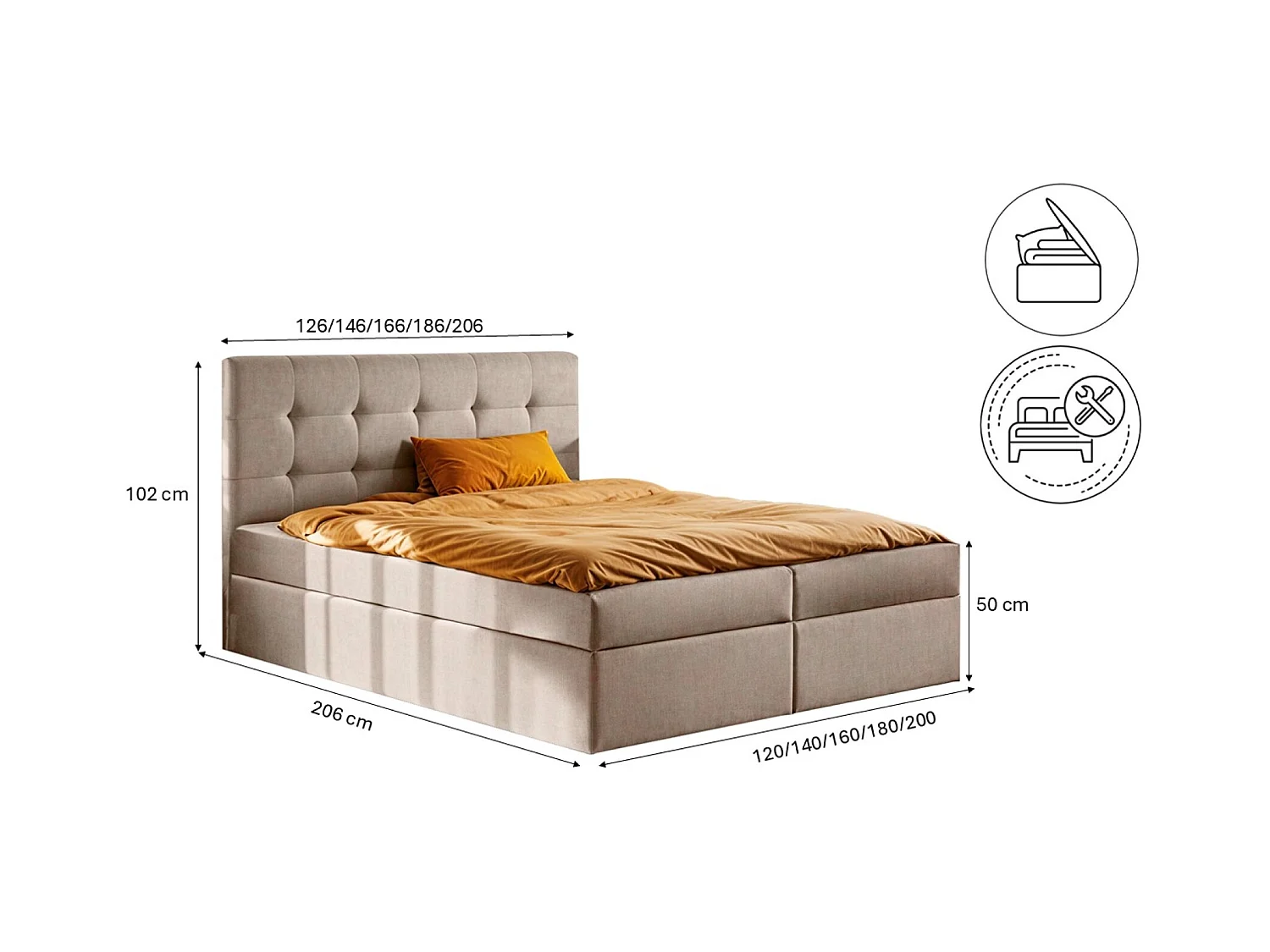 Lit à sommier tapissier avec matelas et sommier, tissu de lit LUDANO Noel Cold Beige 160x200 cm H3-Bonell