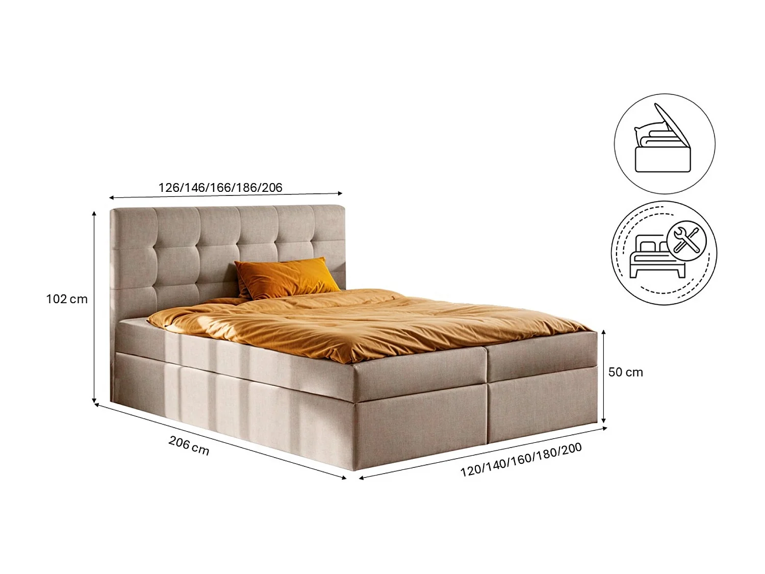 Lit à sommier tapissier avec matelas et sommier, tissu de lit LUDANO Noel Cold Beige 160x200 cm H3-Bonell