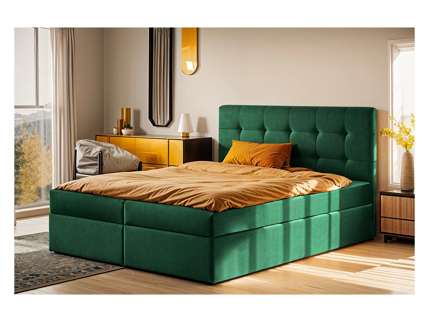 Letto box spring con materasso e contenitore, tessuto LUDANO Noel Green 200x200 cm H2-Pocket