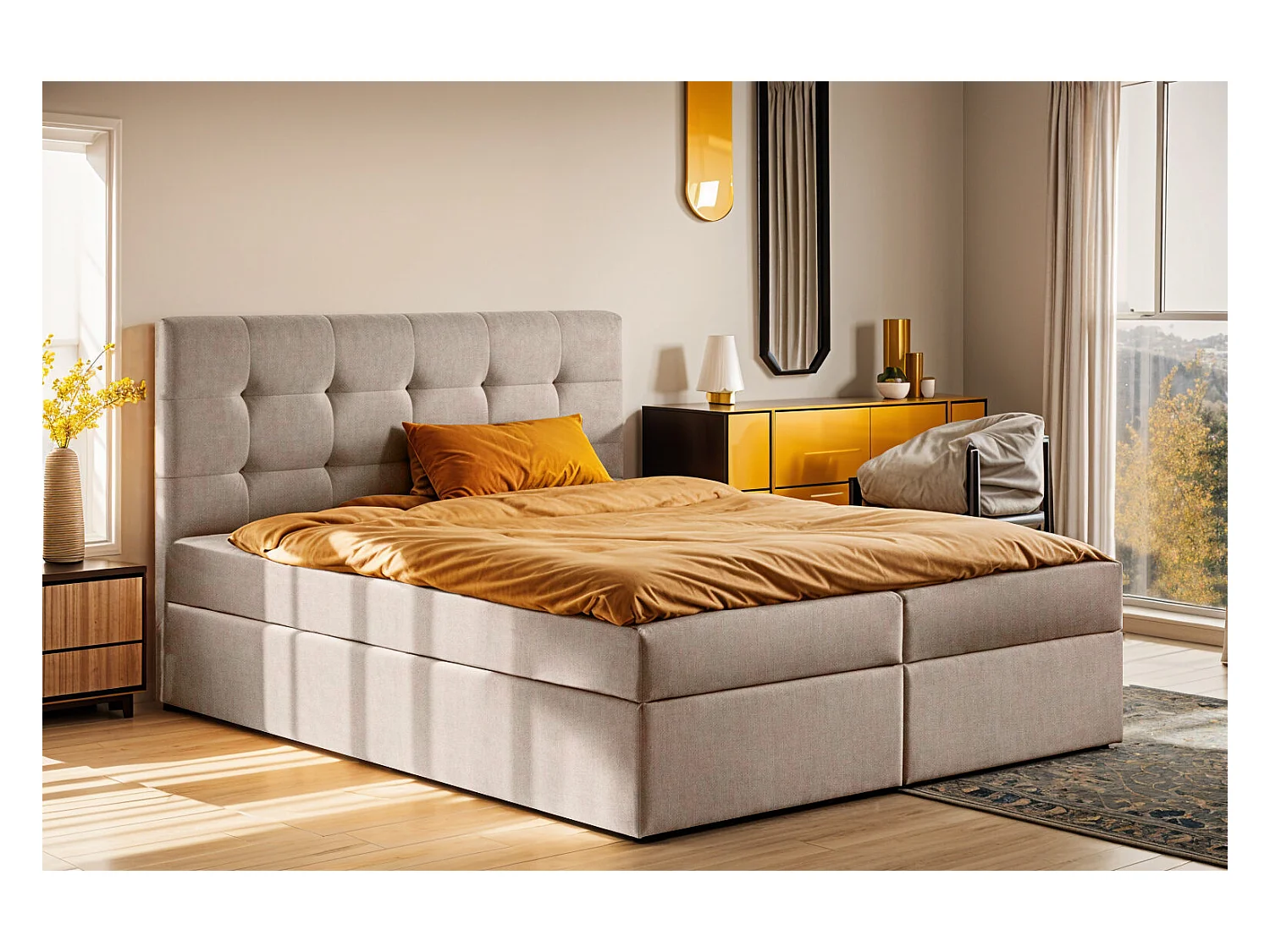 Letto a molle con materasso e contenitore, tessuto letto LUDANO Noel Cold Beige 200x200 cm H2-Pocket