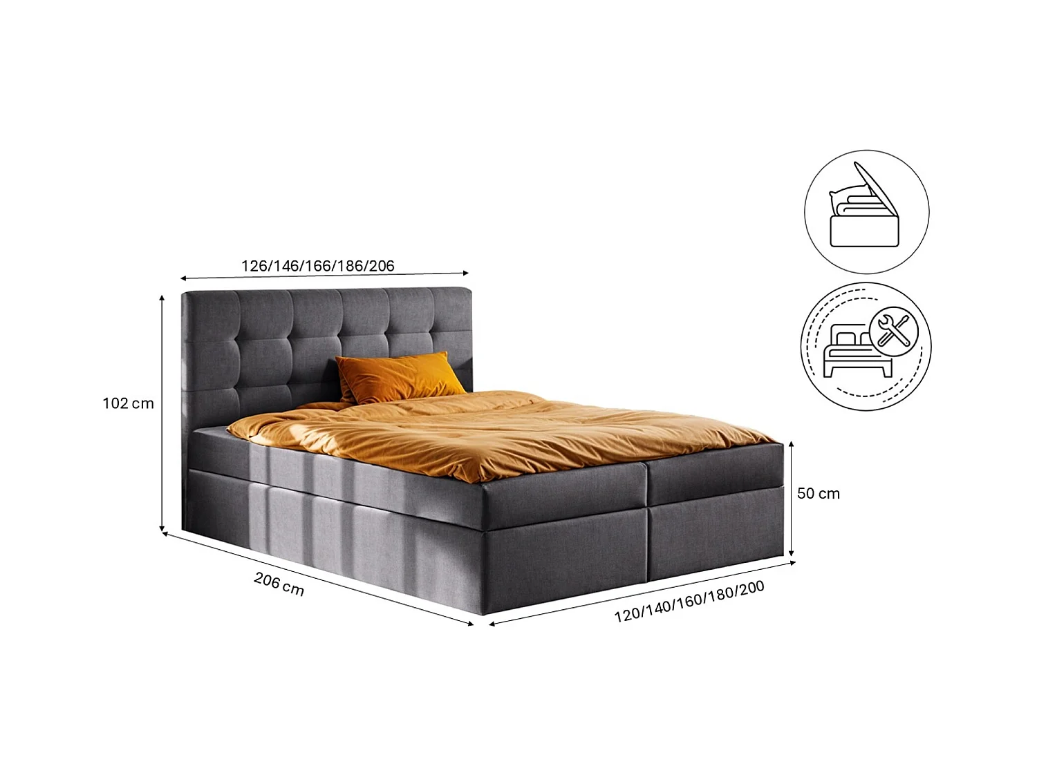 Lit boxspring avec matelas et sommier, tissu LUDANO Noel gris foncé 140x200 cm H2-Pocket