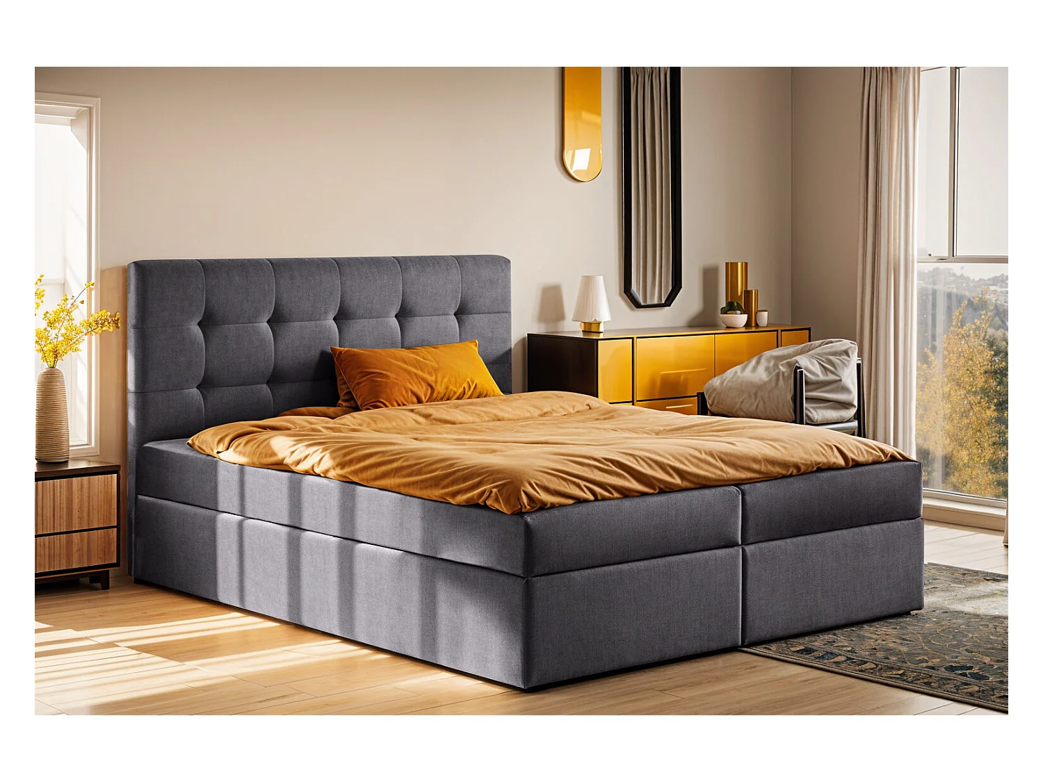 Letto box spring con materasso e contenitore, tessuto LUDANO Noel grigio scuro 140x200 cm H2-Pocket