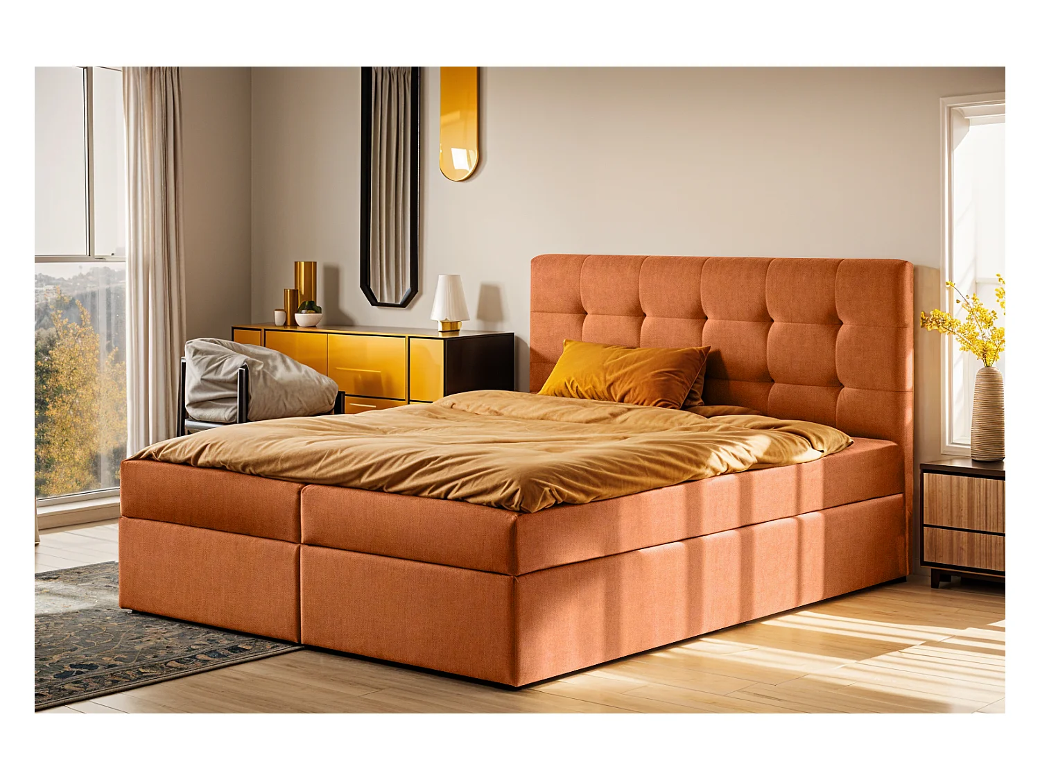 Letto a molle con materasso e rete, letto LUDANO tessuto Noel Orange 140x200 cm H3-Bonell