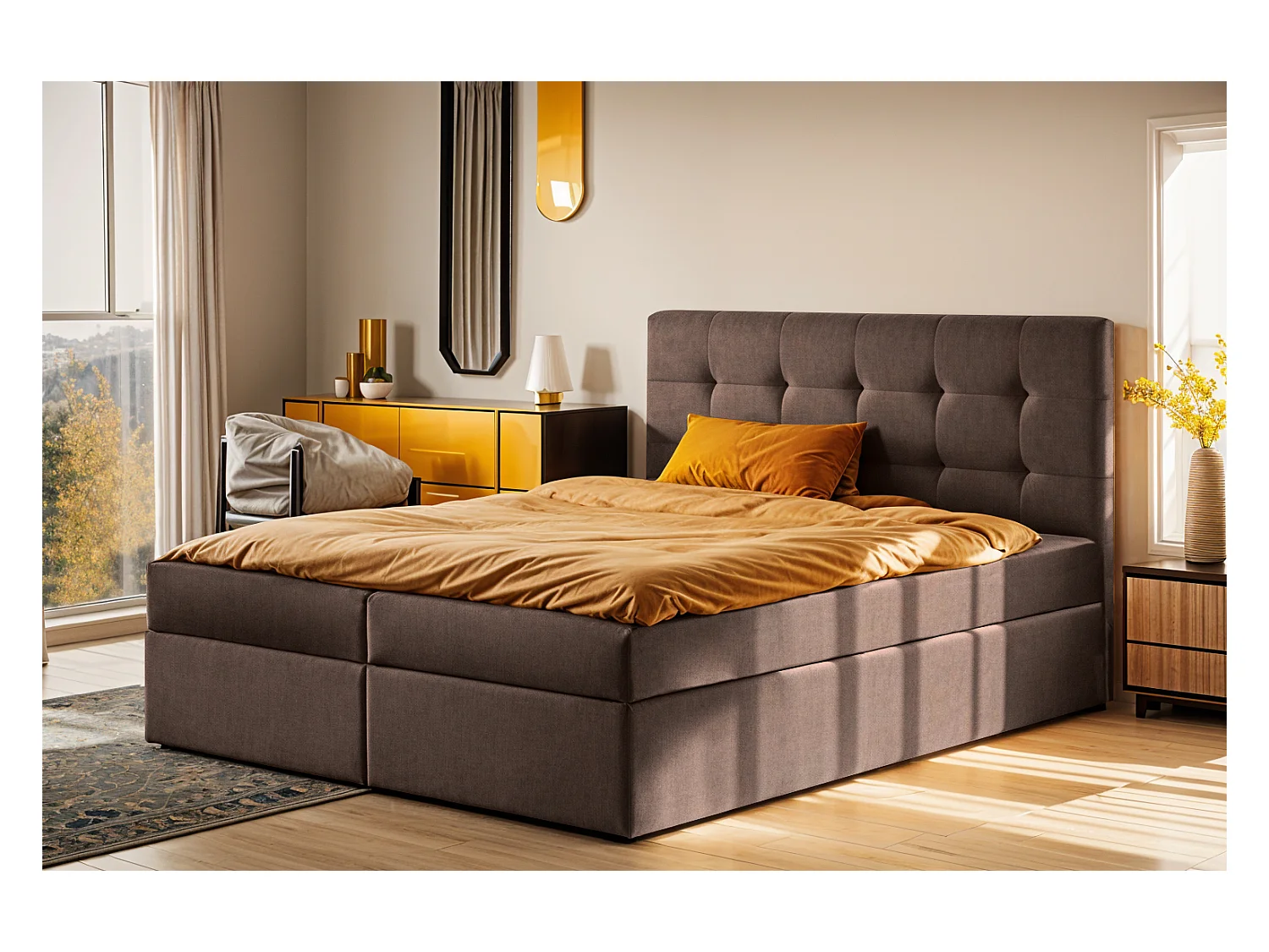 Lit à sommier tapissier avec matelas et sommier, tissu LUDANO Noel Brown 200x200 cm H2-Pocket