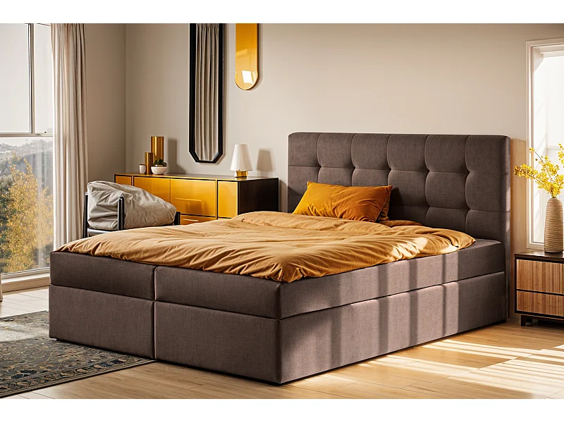 Lit à sommier tapissier avec matelas et sommier, tissu LUDANO Noel Brown 200x200 cm H2-Pocket