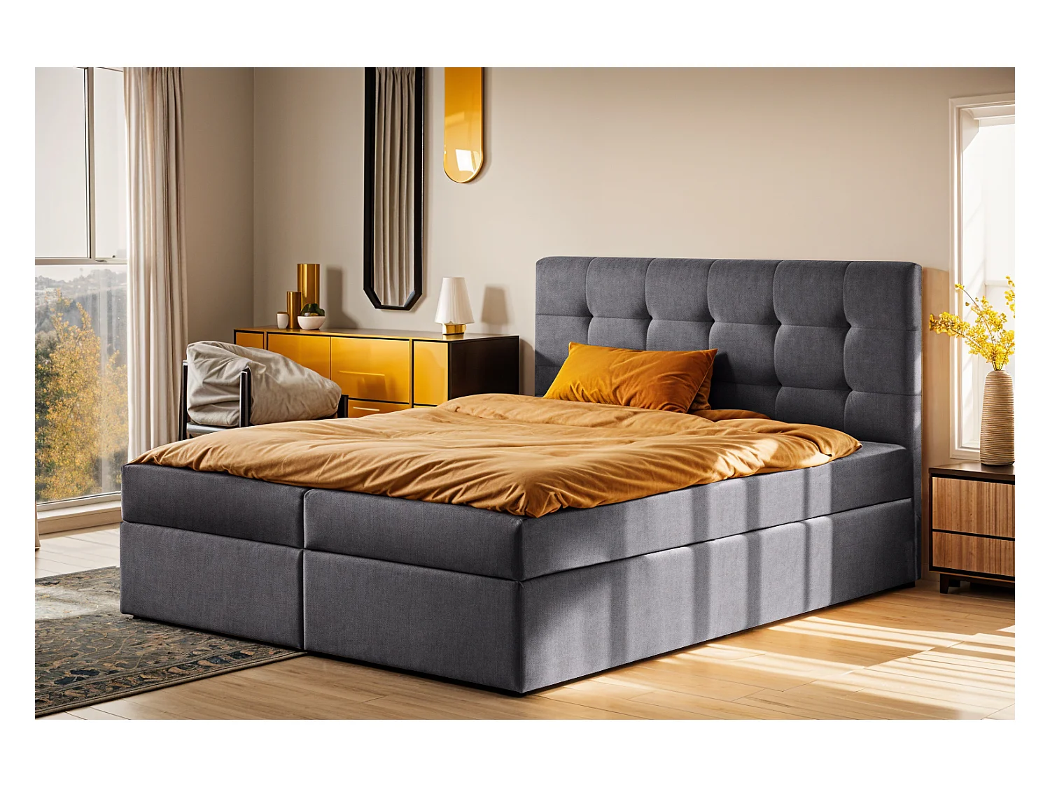 Lit à sommier tapissier avec matelas et sommier tapissier, tissu de lit LUDANO Noel gris foncé 160x200 cm H3-Bonell