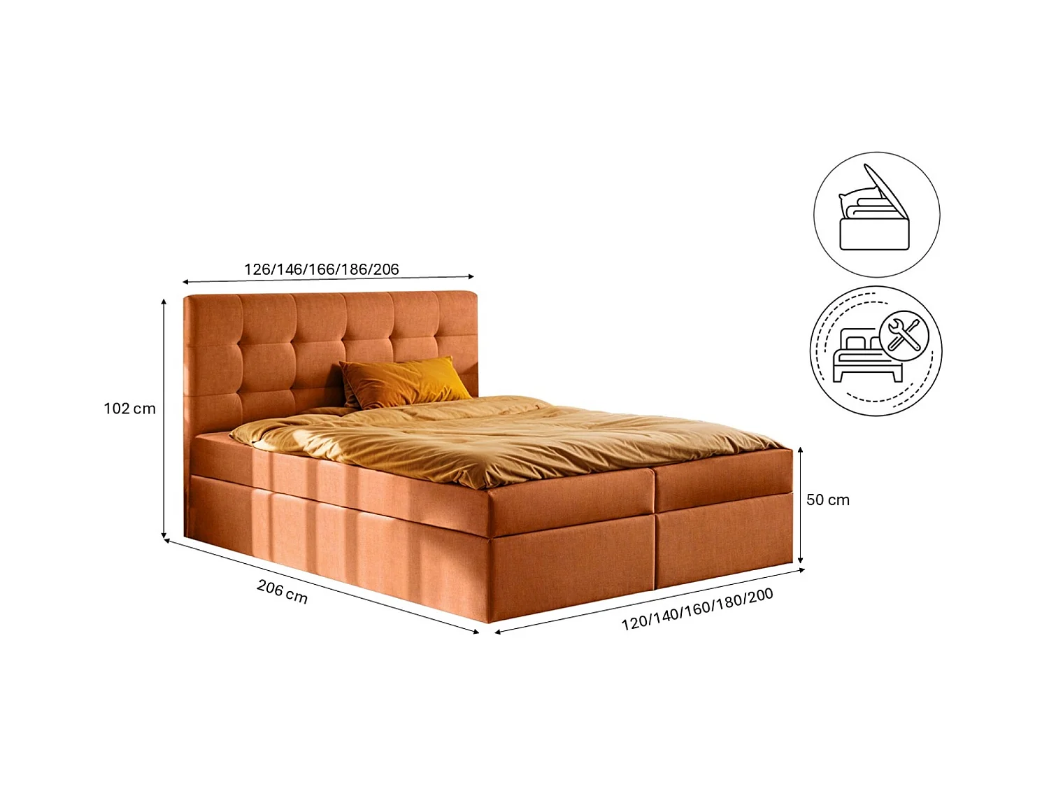 Lit à sommier tapissier avec matelas et sommier, tissu LUDANO Noel Orange 200x200 cm H2-Pocket