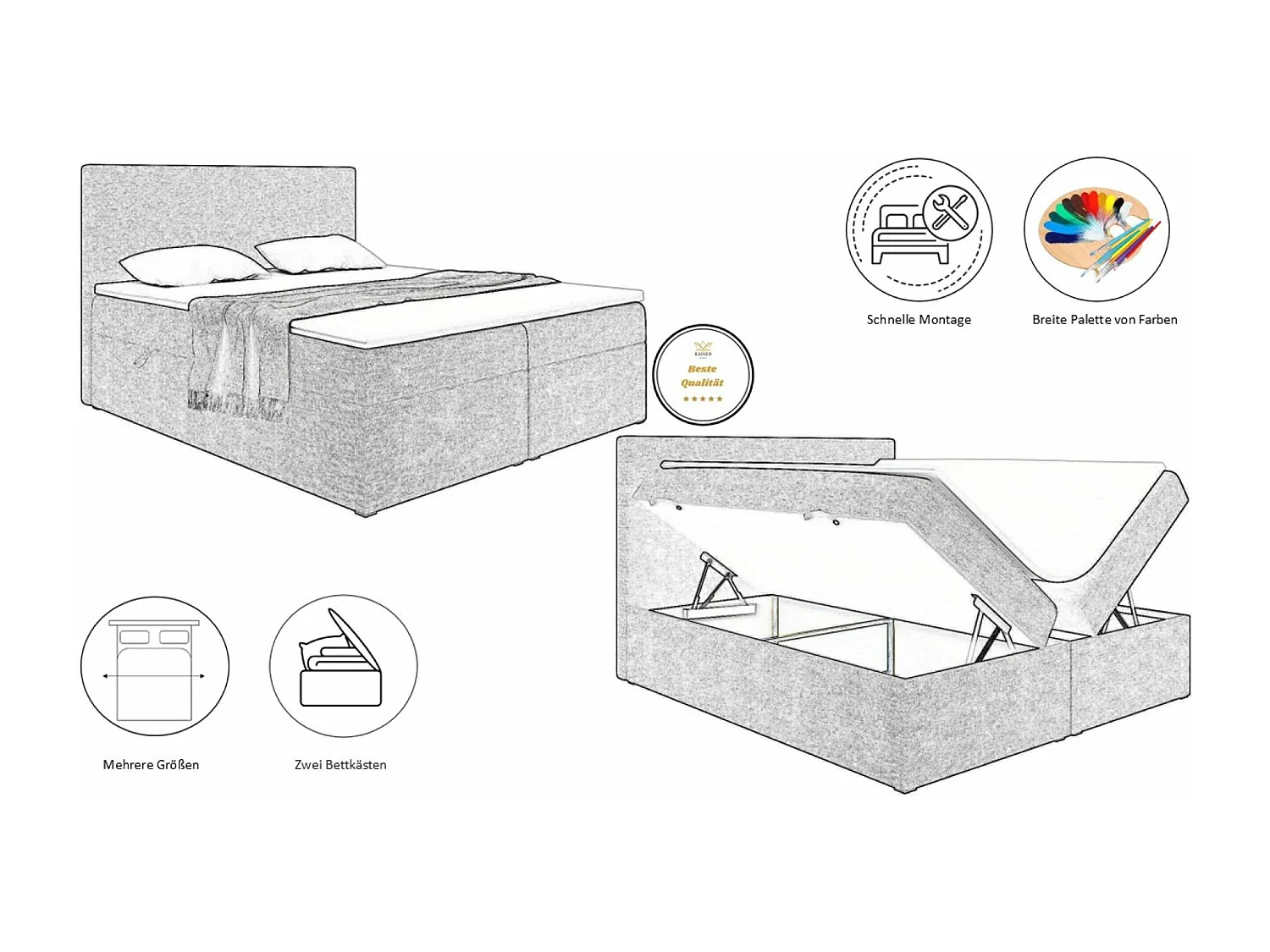 Lit à sommier tapissier avec matelas et sommier tapissier, tissu de lit LUDANO Noel Brown 180x200 cm H3-Bonell