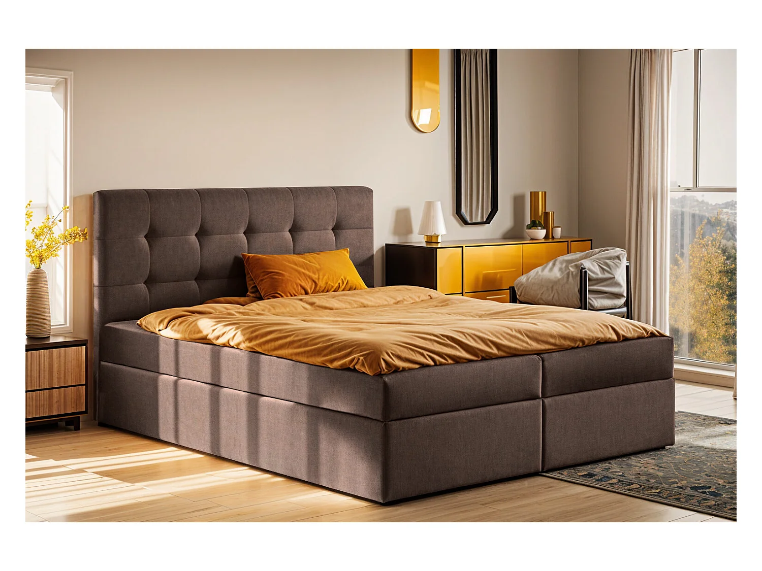 Letto a molle con materasso e contenitore, tessuto letto LUDANO Noel Brown 160x200 cm H2-Pocket