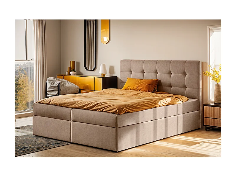 Boxspringbett mit matratze und bettkasten, Schlafbett LUDANO stoff Noel KaltesBeige 200x200 cm H3-Bonell
