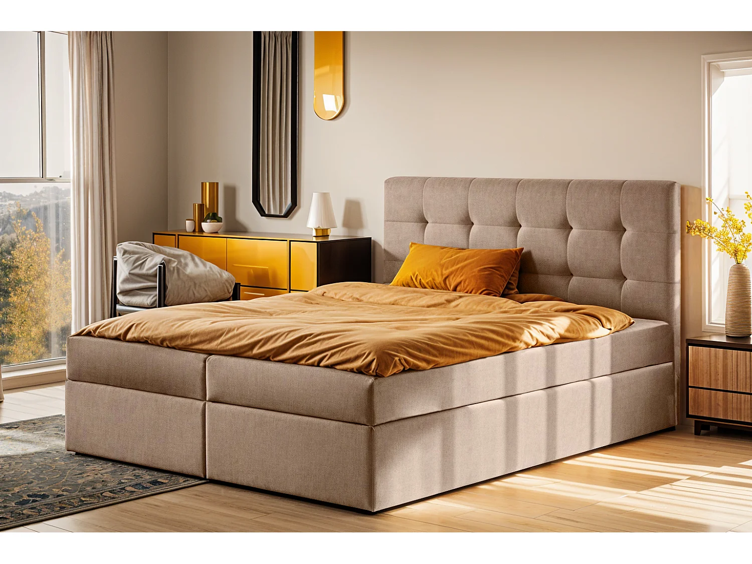 Lit à sommier tapissier avec matelas et sommier tapissier, tissu de lit LUDANO Noel Cold Beige 200x200 cm H3-Bonell