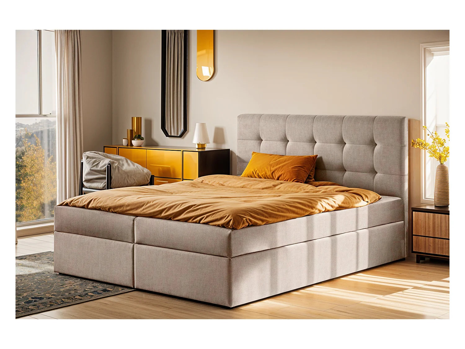 Letto a molle con materasso e contenitore, tessuto letto LUDANO Noel Cold Beige 140x200 cm H3-Bonell