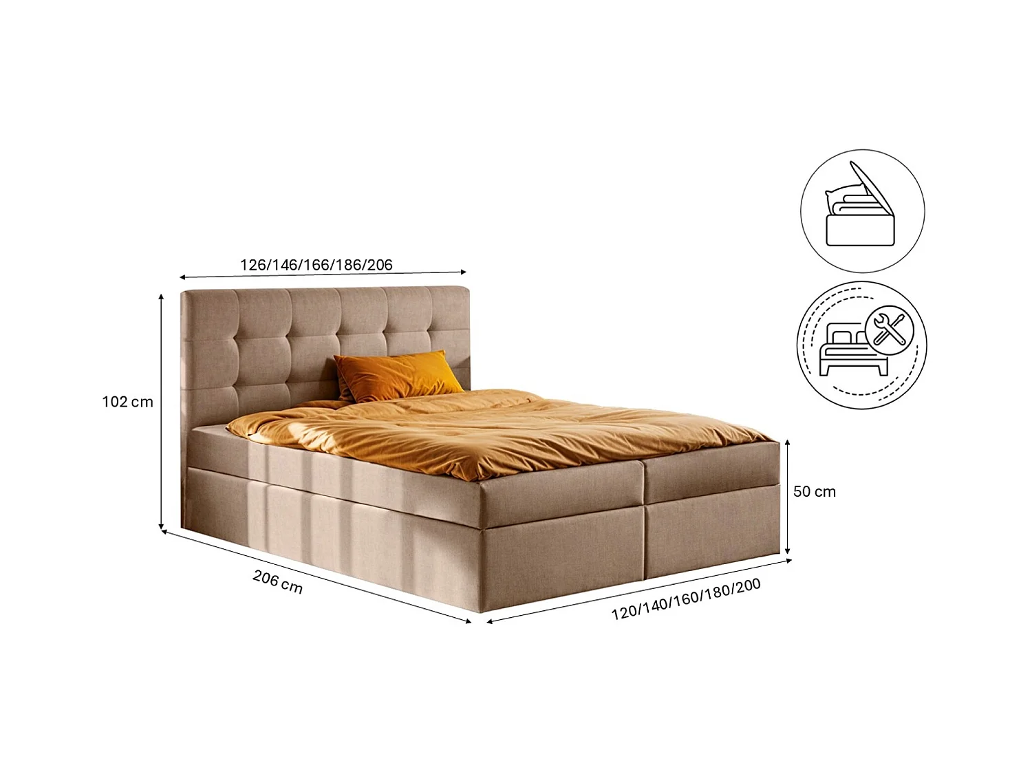 Lit à sommier tapissier avec matelas et sommier, tissu LUDANO Noel Beige 140x200 cm H2-Pocket