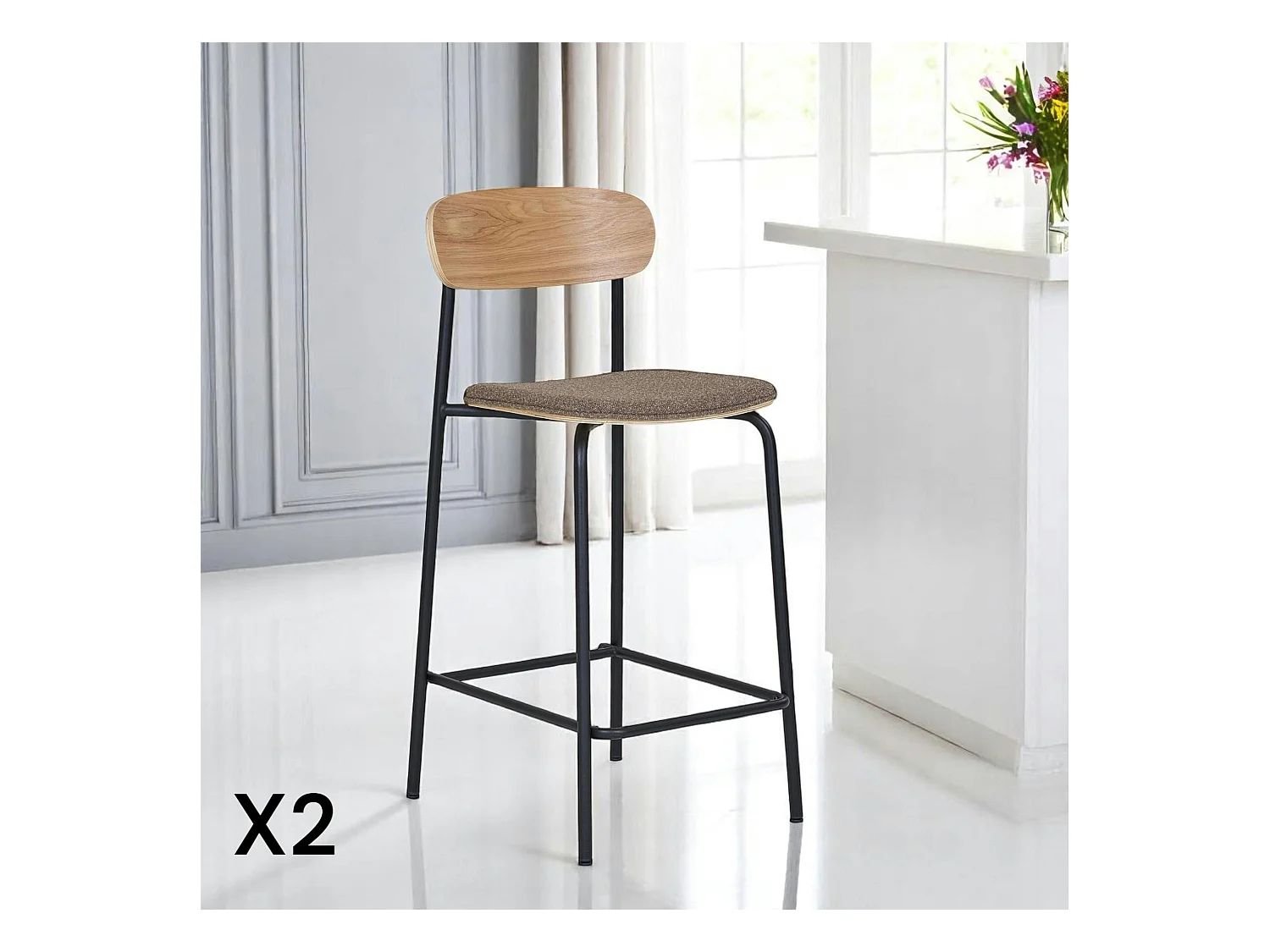 Chaise de bar en bois style écolier avec assise tissu marron (lot de 2) BERLIN