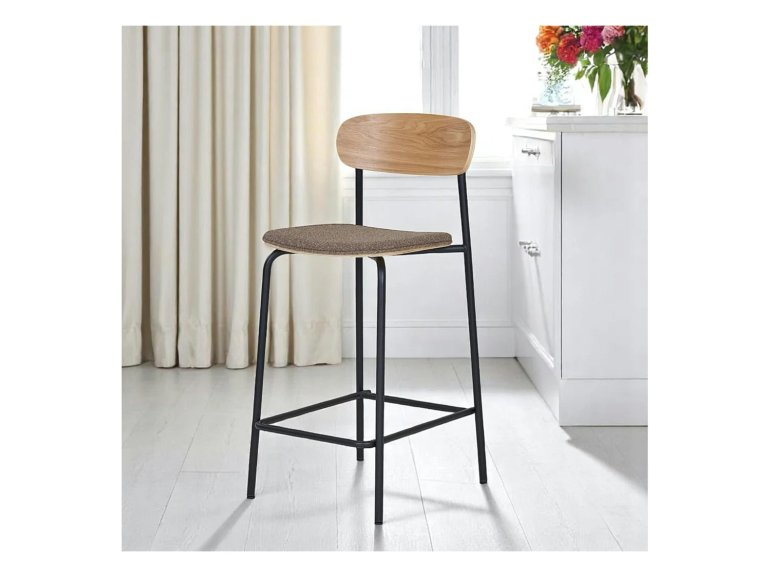 Chaise de bar en bois style écolier avec assise tissu marron (lot de 2) BERLIN