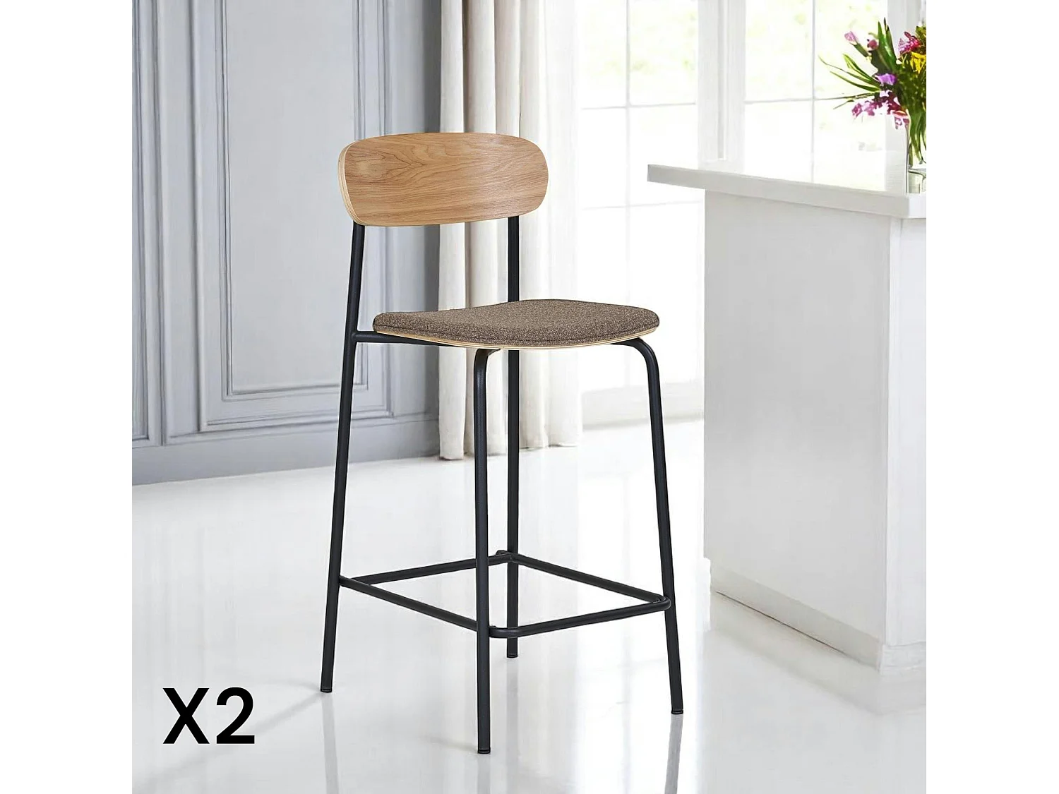 Chaise de bar en bois style écolier avec assise tissu marron (lot de 2) BERLIN