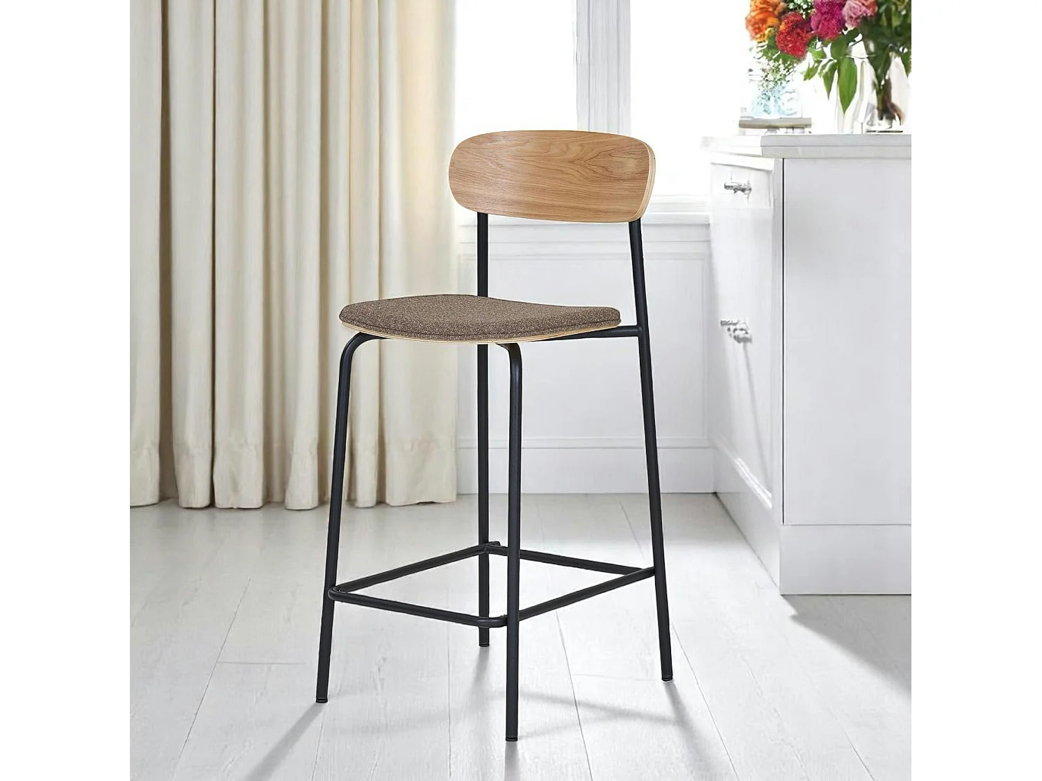 Chaise de bar en bois style écolier avec assise tissu marron (lot de 2) BERLIN