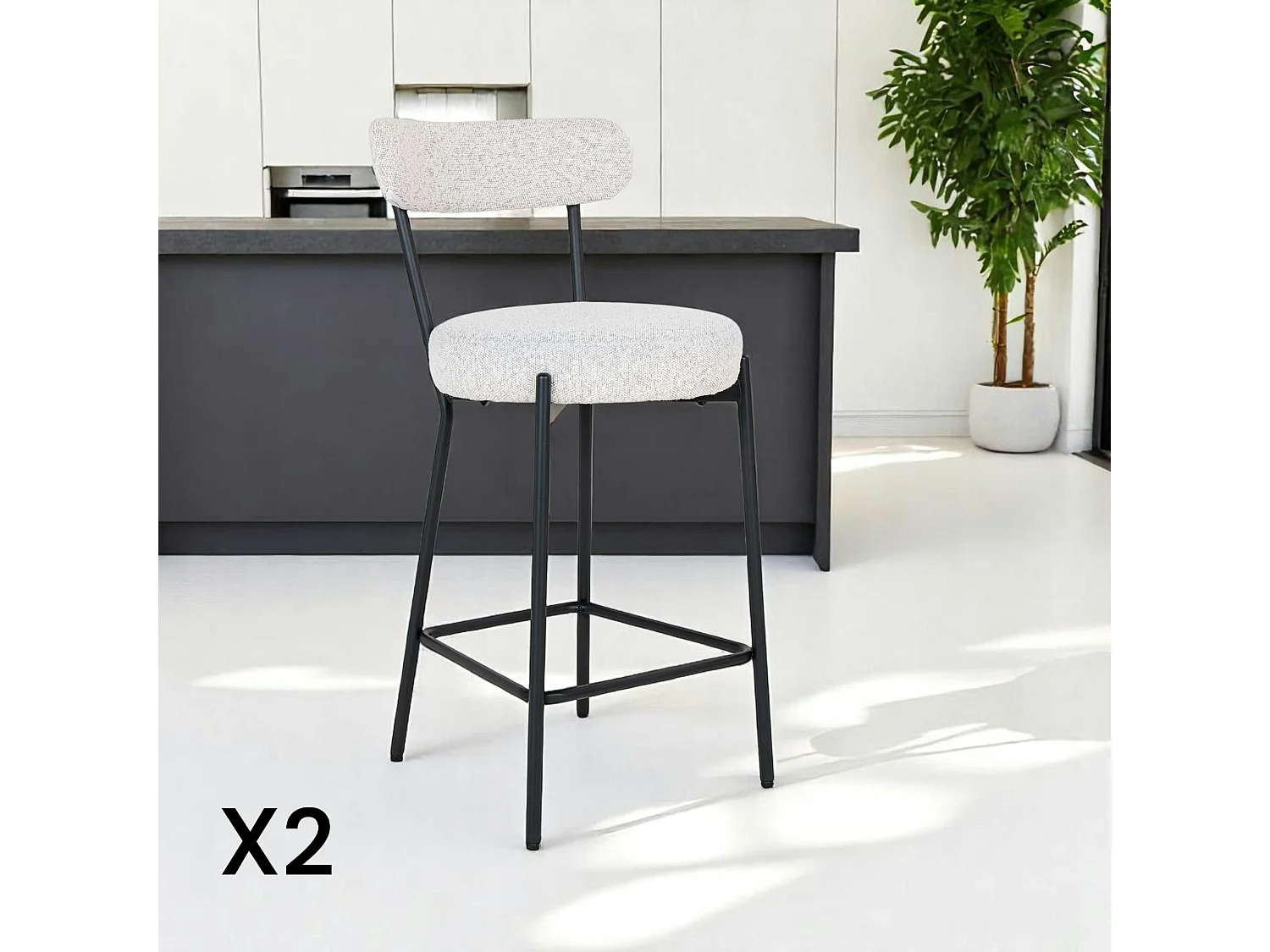Chaise de bar moderne en tissu bouclette blanche (lot de 2) SAVONE