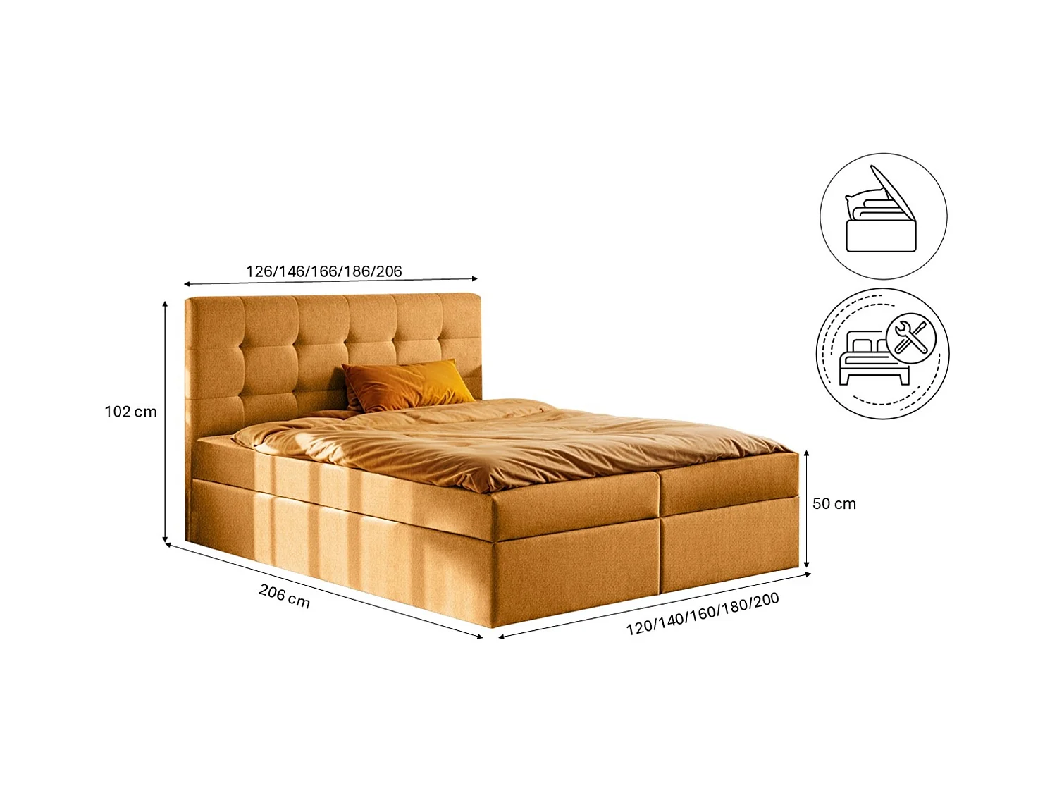 Lit à sommier tapissier avec matelas et sommier, tissu de lit LUDANO Soro Orange 160x200 cm H3-Bonell