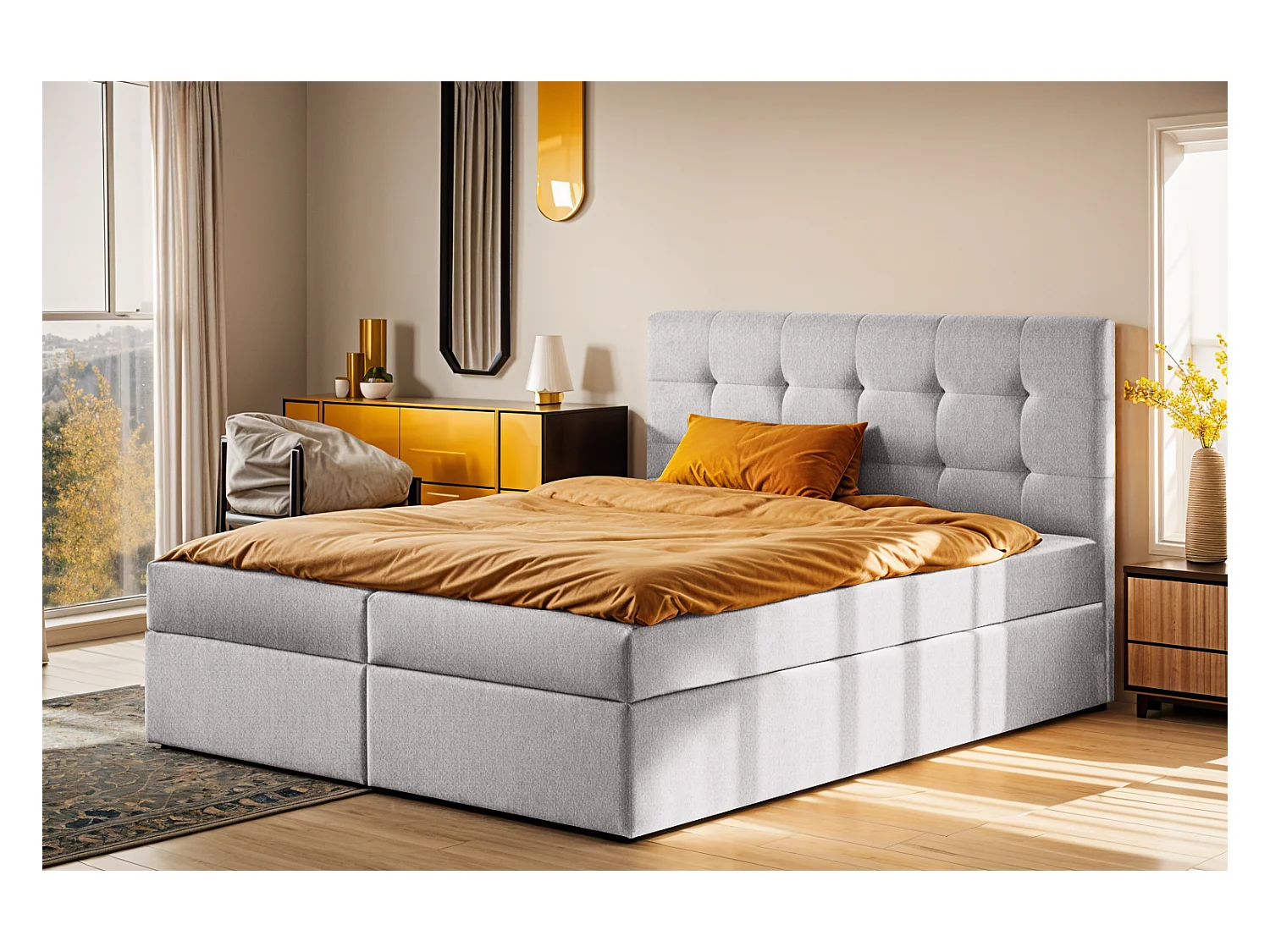Letto box spring con materasso e contenitore, tessuto LUDANO Soro Grey 200x200 cm H3-Bonell