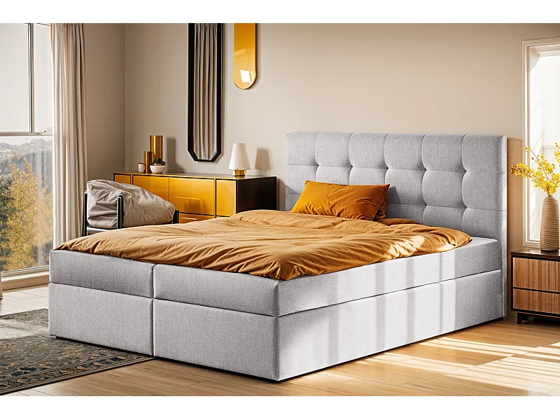 Letto box spring con materasso e contenitore, tessuto LUDANO Soro Grey 200x200 cm H3-Bonell