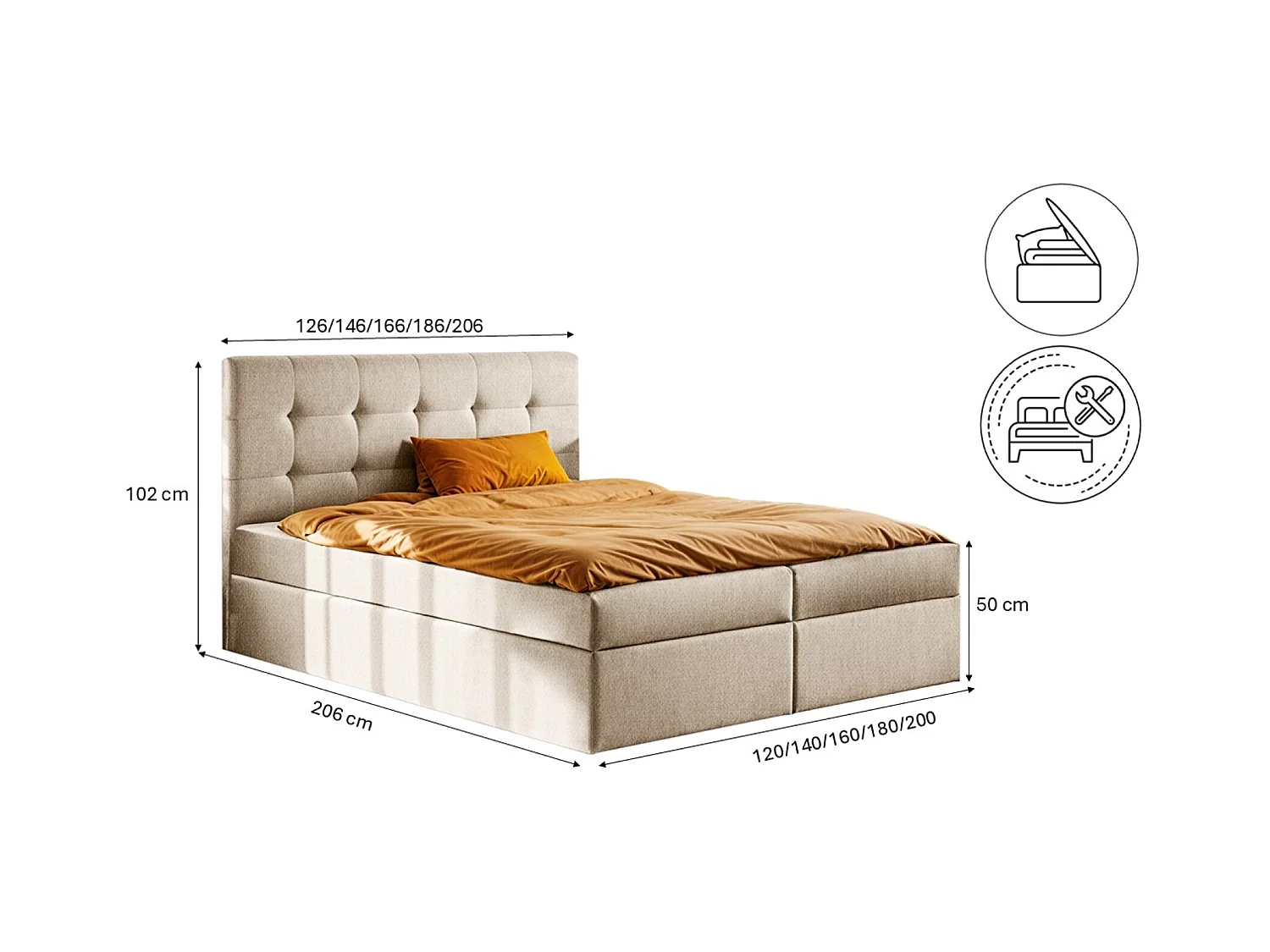 Lit à sommier tapissier avec matelas et sommier, tissu de lit LUDANO Soro beige clair 160x200 cm H3-Bonell