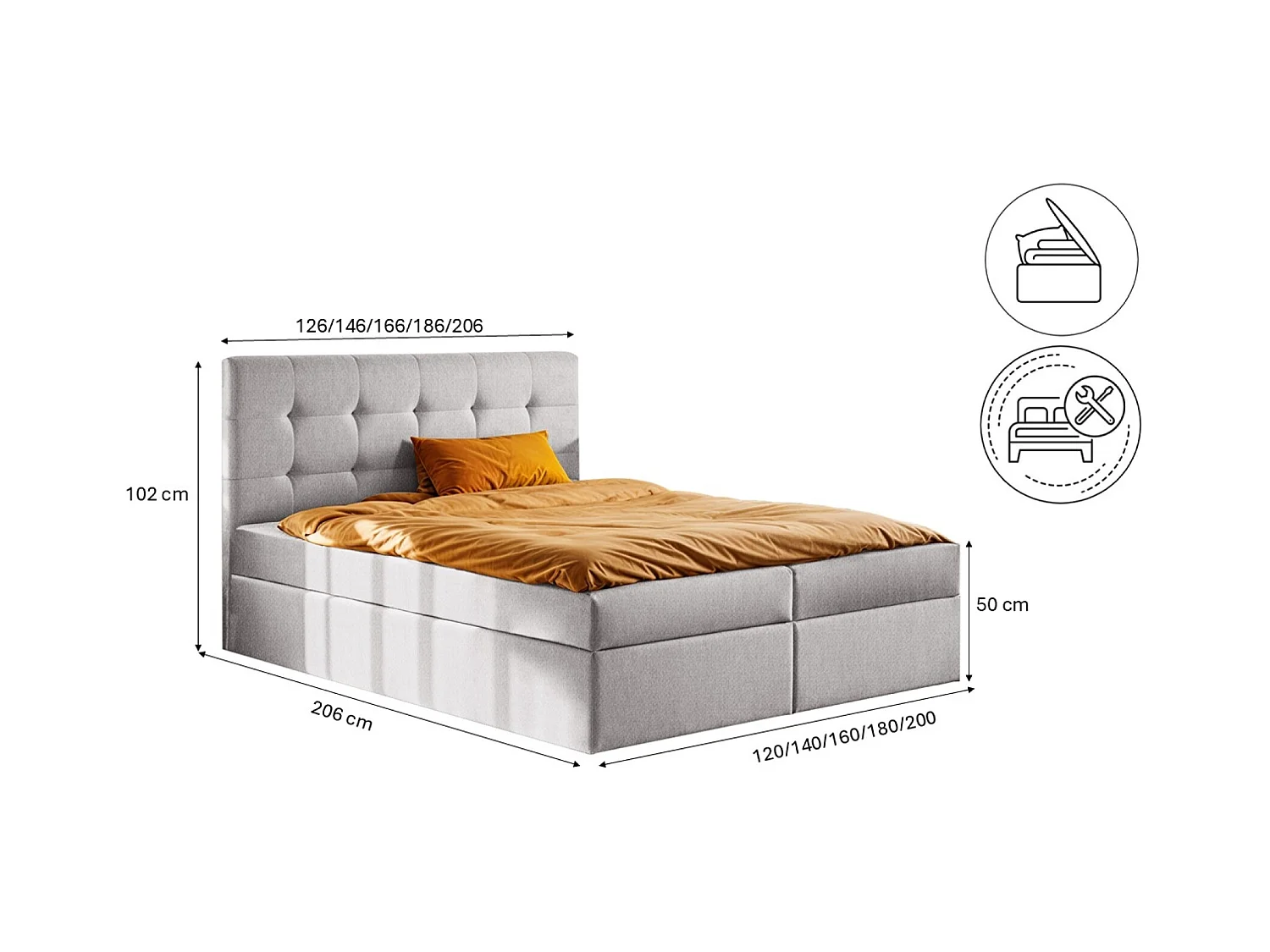 Lit à sommier tapissier avec matelas et sommier tapissier, tissu de lit LUDANO Soro gris clair 160x200 cm H3-Bonell