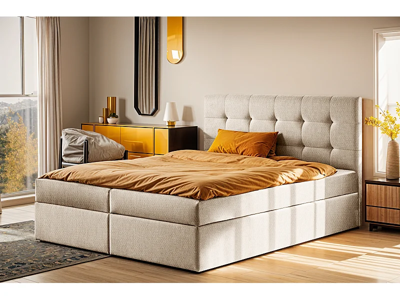 Letto box spring con materasso e rete, tessuto LUDANO Soro beige chiaro 200x200 cm H3-Bonell