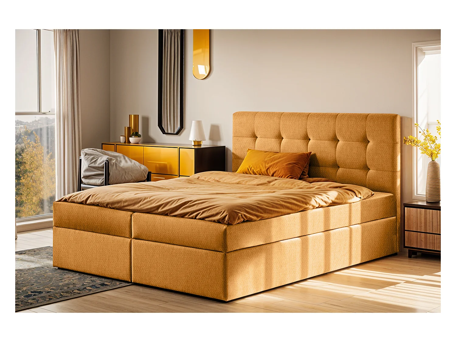 Lit à sommier tapissier avec matelas et sommier, tissu de lit LUDANO Soro Orange 140x200 cm H3-Bonell