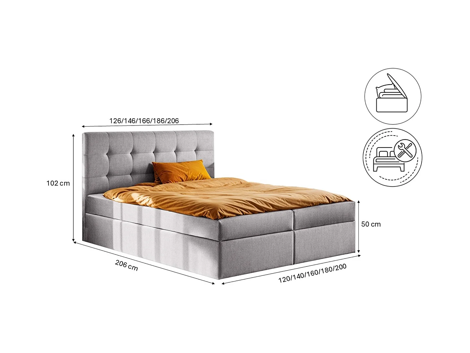 Lit à sommier tapissier avec matelas et sommier, tissu LUDANO Soro Gris 120x200 cm H3-Bonell