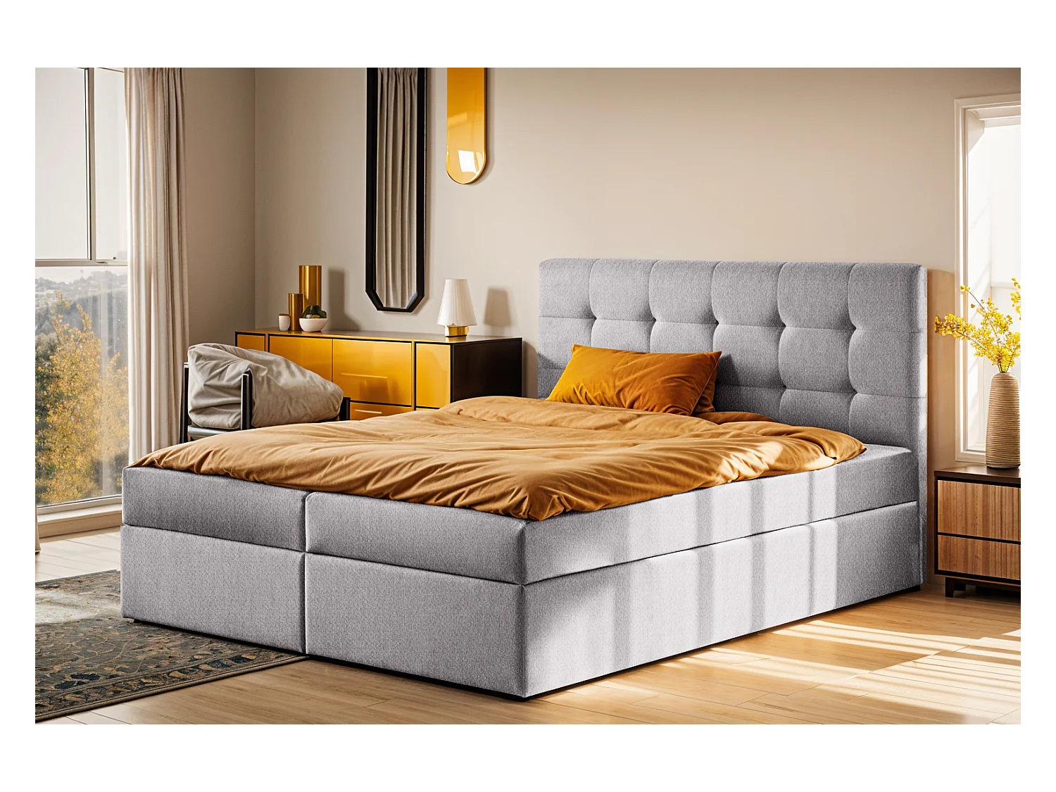 Letto box spring con materasso e contenitore, tessuto LUDANO Soro Grey 120x200 cm H3-Bonell