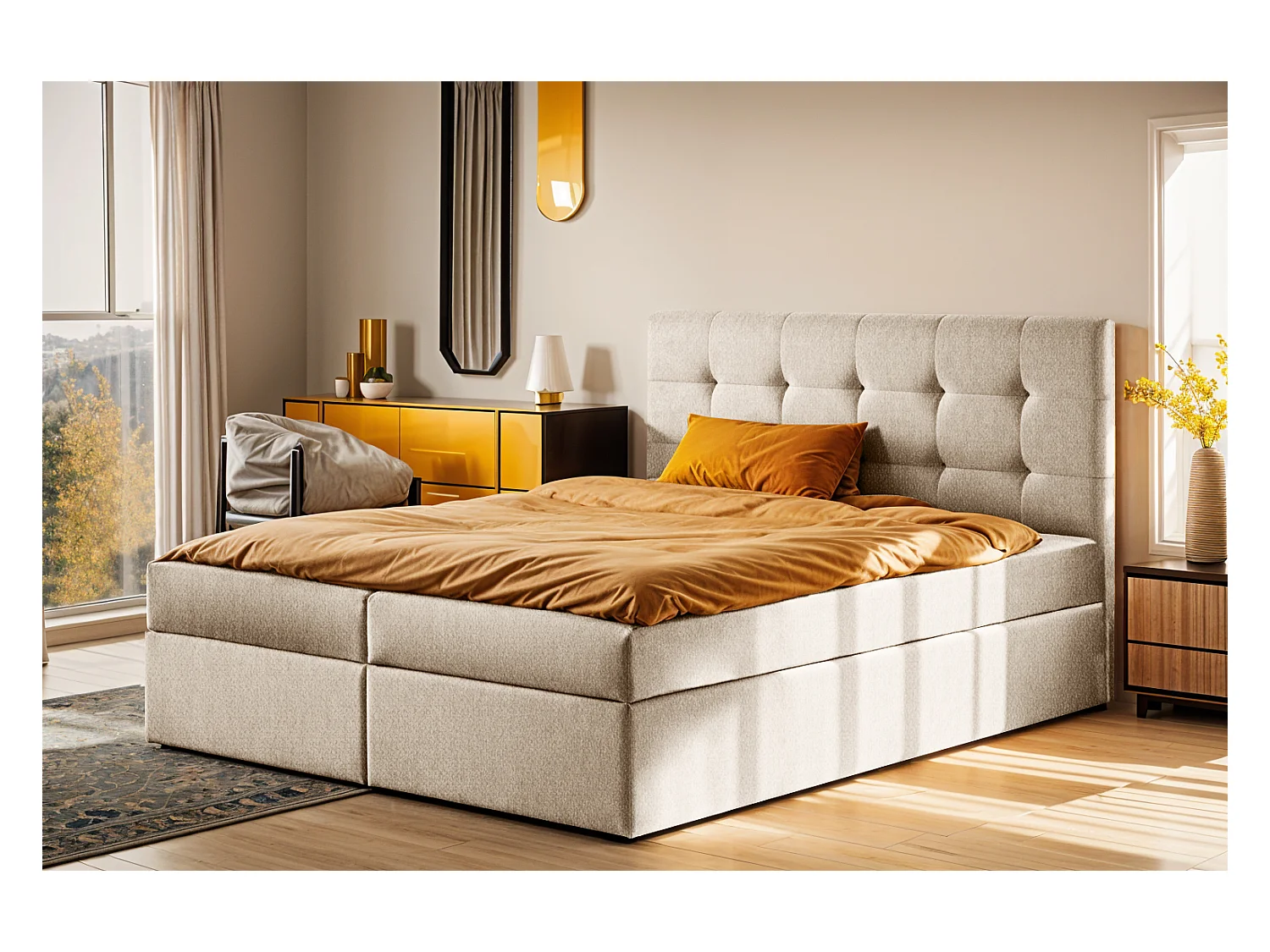 Letto box spring con materasso e rete, letto LUDANO tessuto Soro beige chiaro 120x200 cm H3-Bonell