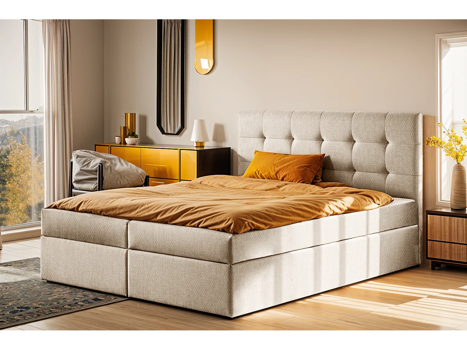 Lit à sommier tapissier avec matelas et sommier, tissu de lit LUDANO Soro beige clair 120x200 cm H3-Bonell