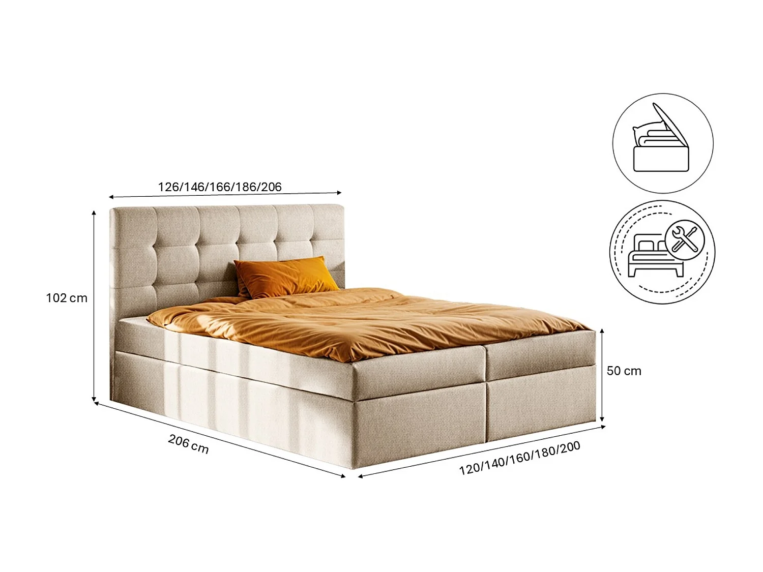 Lit à sommier tapissier avec matelas et sommier, tissu de lit LUDANO Soro beige clair 120x200 cm H3-Bonell
