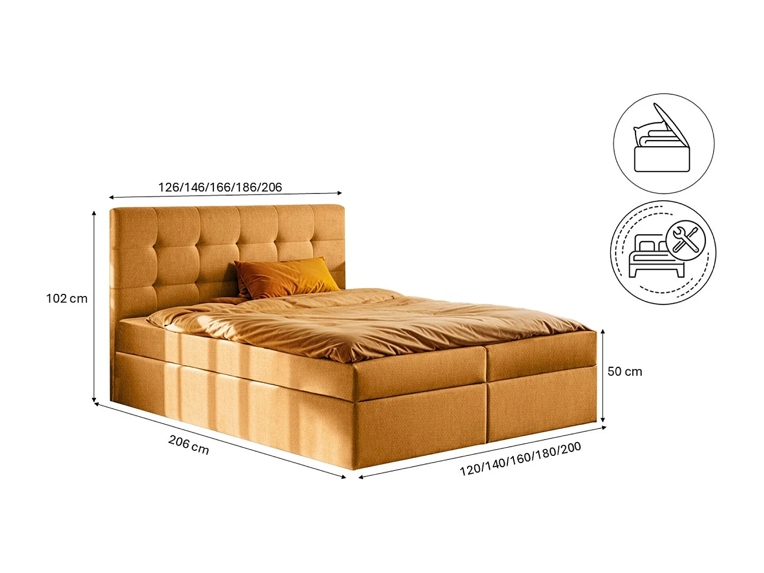 Lit à sommier tapissier avec matelas et sommier, tissu LUDANO Soro Orange 180x200 cm H3-Bonell
