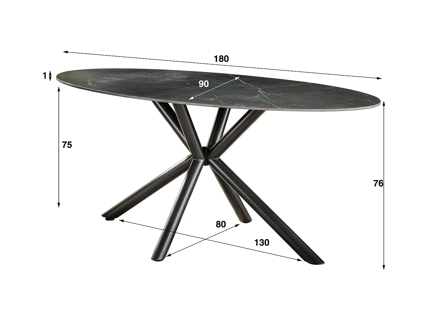 Eetkamertafel 180cm - Ovaal - Keramiek Zwart - 4 Personen